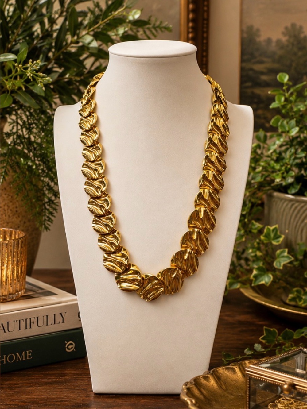 MONET Vintage Gold-tone Graduated Overlapping Texture Disk Statement Necklace
